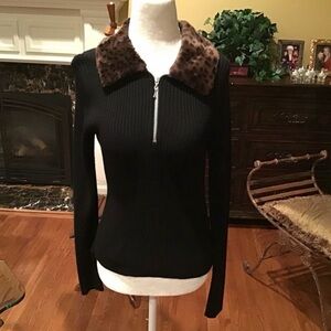 MCNY Black Sweater with Brown Patterned Collar